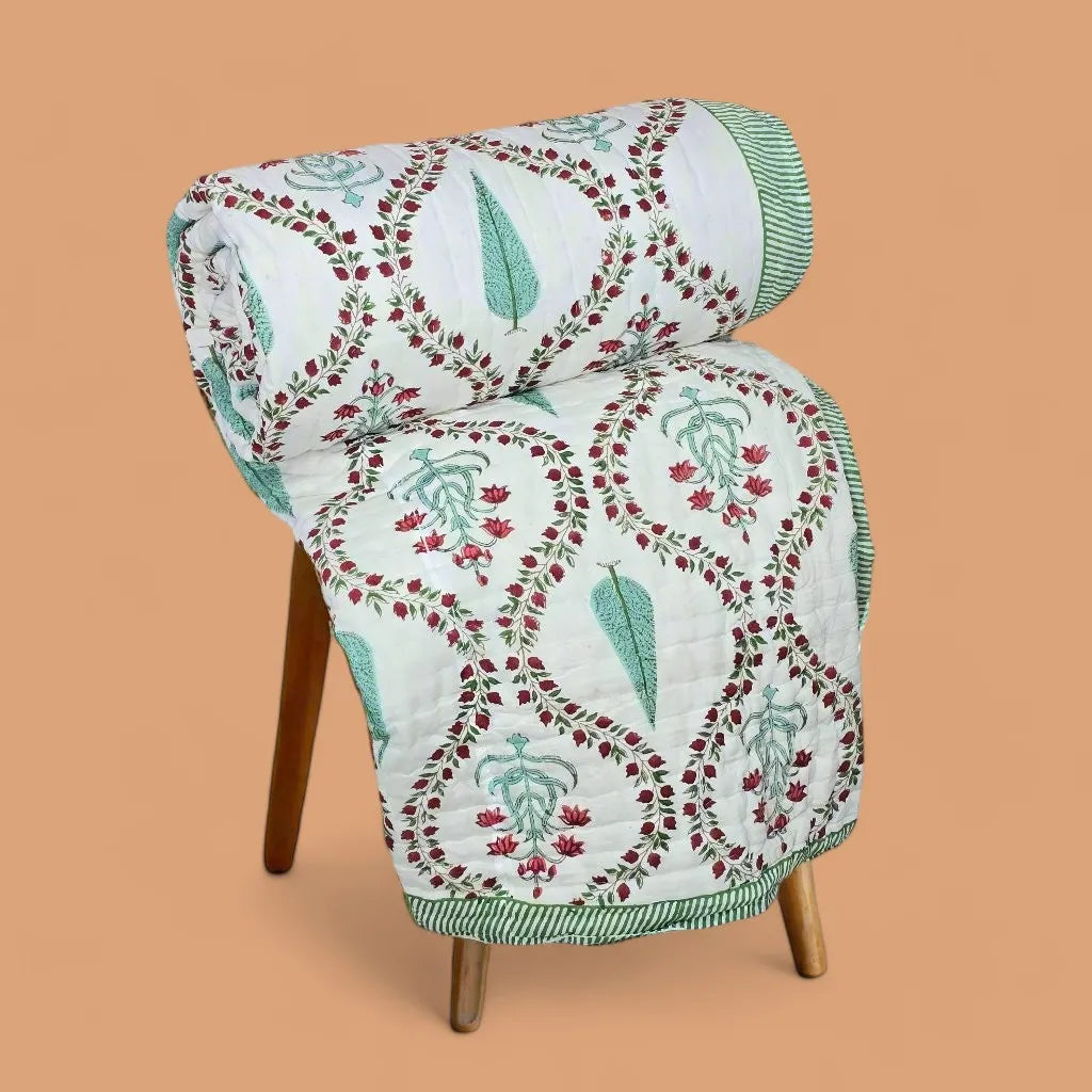 Hand Block Printed Jaipuri Cotton Quilt – Red & Green Floral Bel (90X108 Inches)